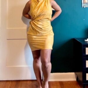 Poleci Mustard Yellow Printed Midi Dress with Black Trim